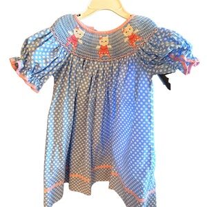 2T blue and white smocked ballet kitten dress